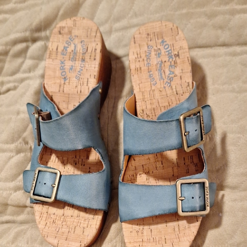 Kork-Ease Blue Two-Strap Sandals with Cork Footbed